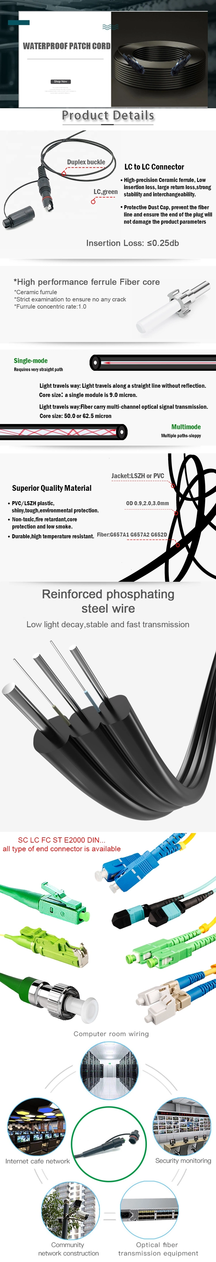 Gcabling Sc LC Upc APC Patchcord Sx Core IP67 IP68 Fiber Optic Patch Cord Outdoor Waterproof Fibra Optique Patch Cable Pigtail