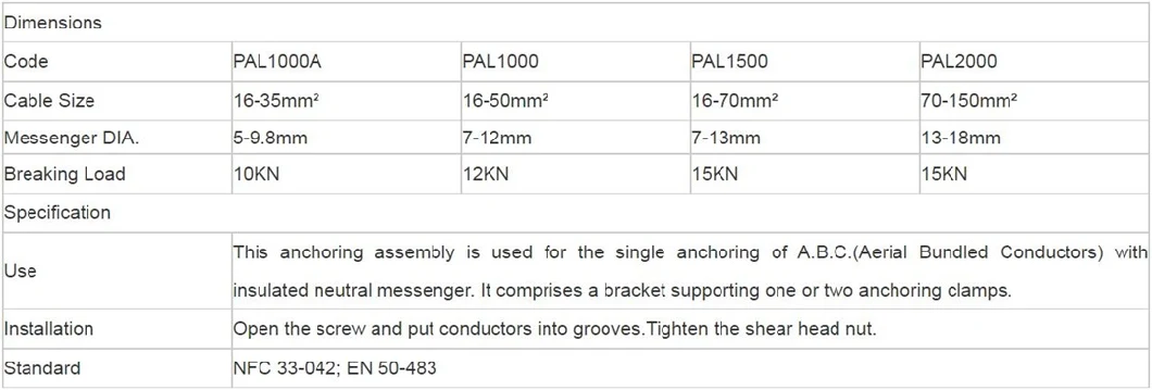 PAL Series 1kv 16-150mm&sup2; Aluminum Alloy Strain Clamp for Optical Cable Cable Conductor Tensioner