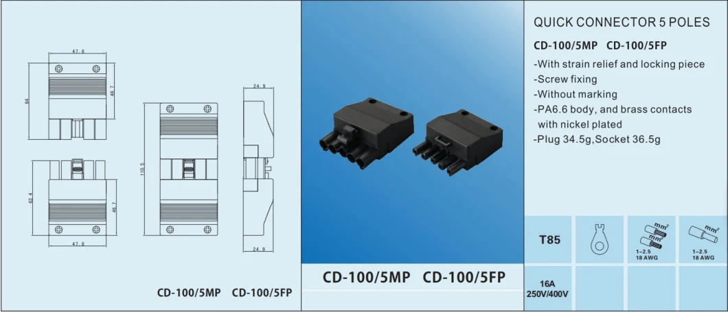 CD-100-3bf-P Top Hengda Cable - Schuko Plug Gst18I3 Weiland Female Fast Connector Gst 3way Wire Connectors 3poles Terminals Power Quick Connector 3 Pin