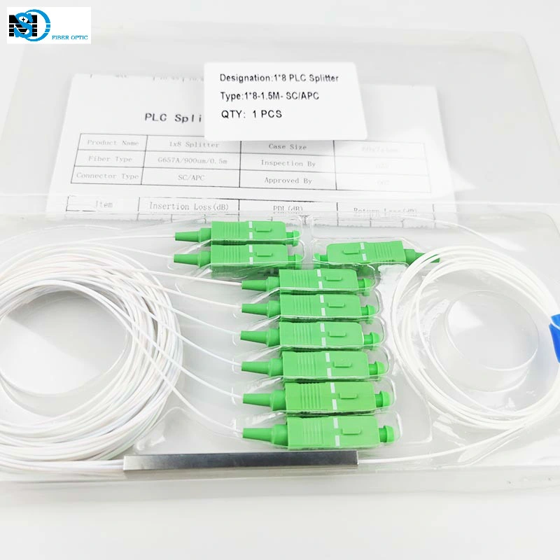 FTTH 1X8 0.9mm Mini Blockless Fiber Optic PLC Splitter with Sc/APC Connector