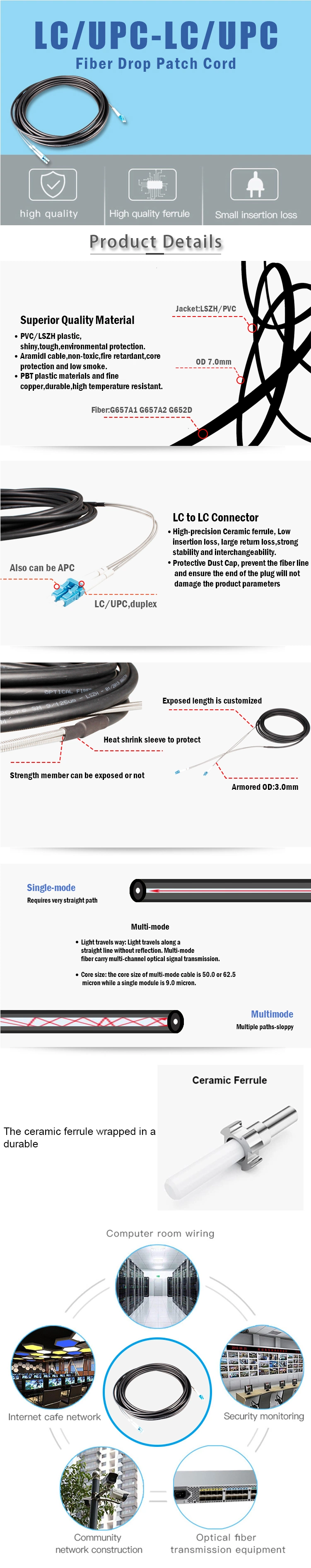 Geteknet Fiber Optical Armored Drop Cable Indoor Outdoor Sc LC 10m to 1000m Optic Patchcord Sm Sx Duplex Core Drop Patch Cord