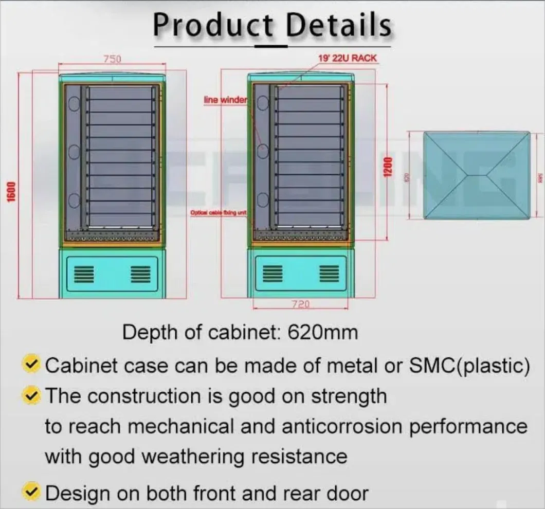 Gcabling Communication Optical Distribution Equipment 22u 19inch IP65 Waterproof Fiber Optic Outdoor Telecom Cabinet