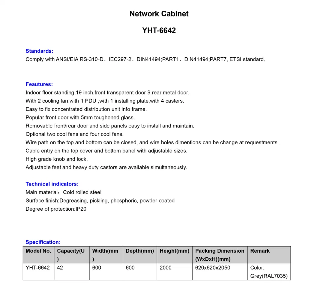 Cold Roll Steel 42u 600*600*2000mm Network Enclosure Fiber Optic Network Cabinet
