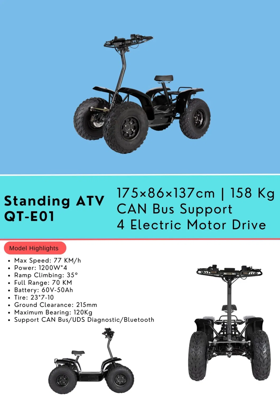 High Performance 4800W 4-Wheeler, 4X4 Quad ATV, Standing Electric Scooter