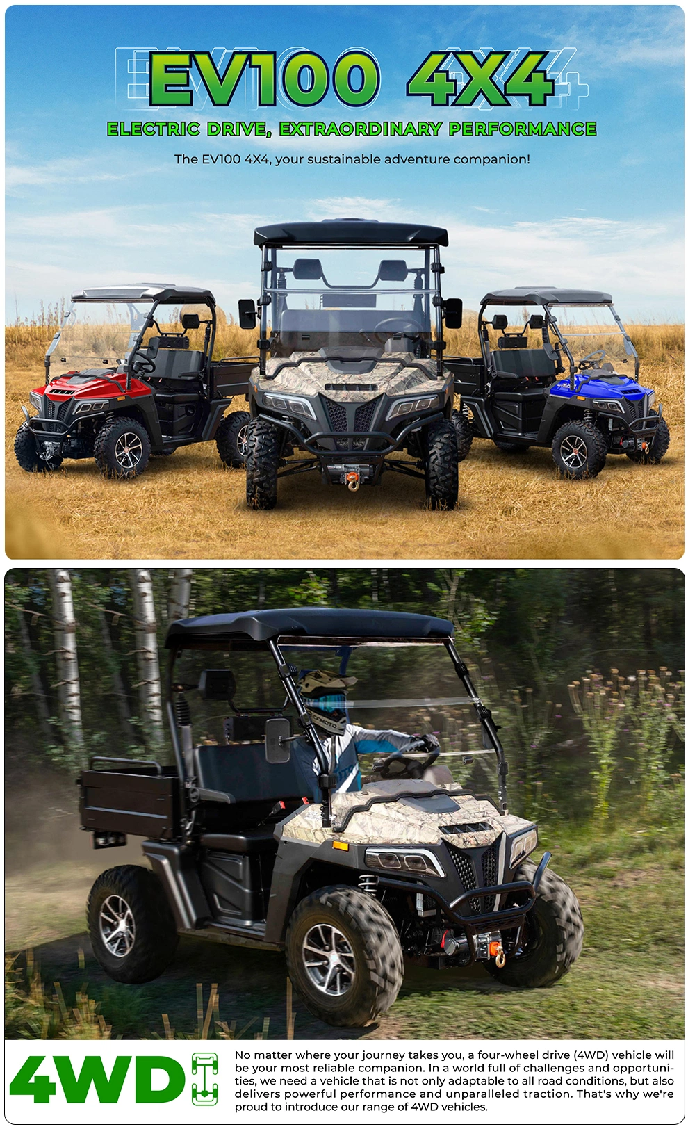 Popular 10KW 72V All Terrain Off Road 4X4 Electric ATV/UTV