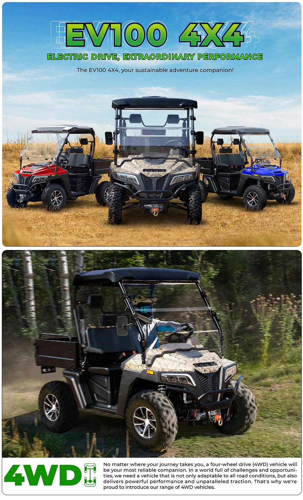 10KW 72V Utility Vehicle Off Road 4X4 Electric UTV for Adults