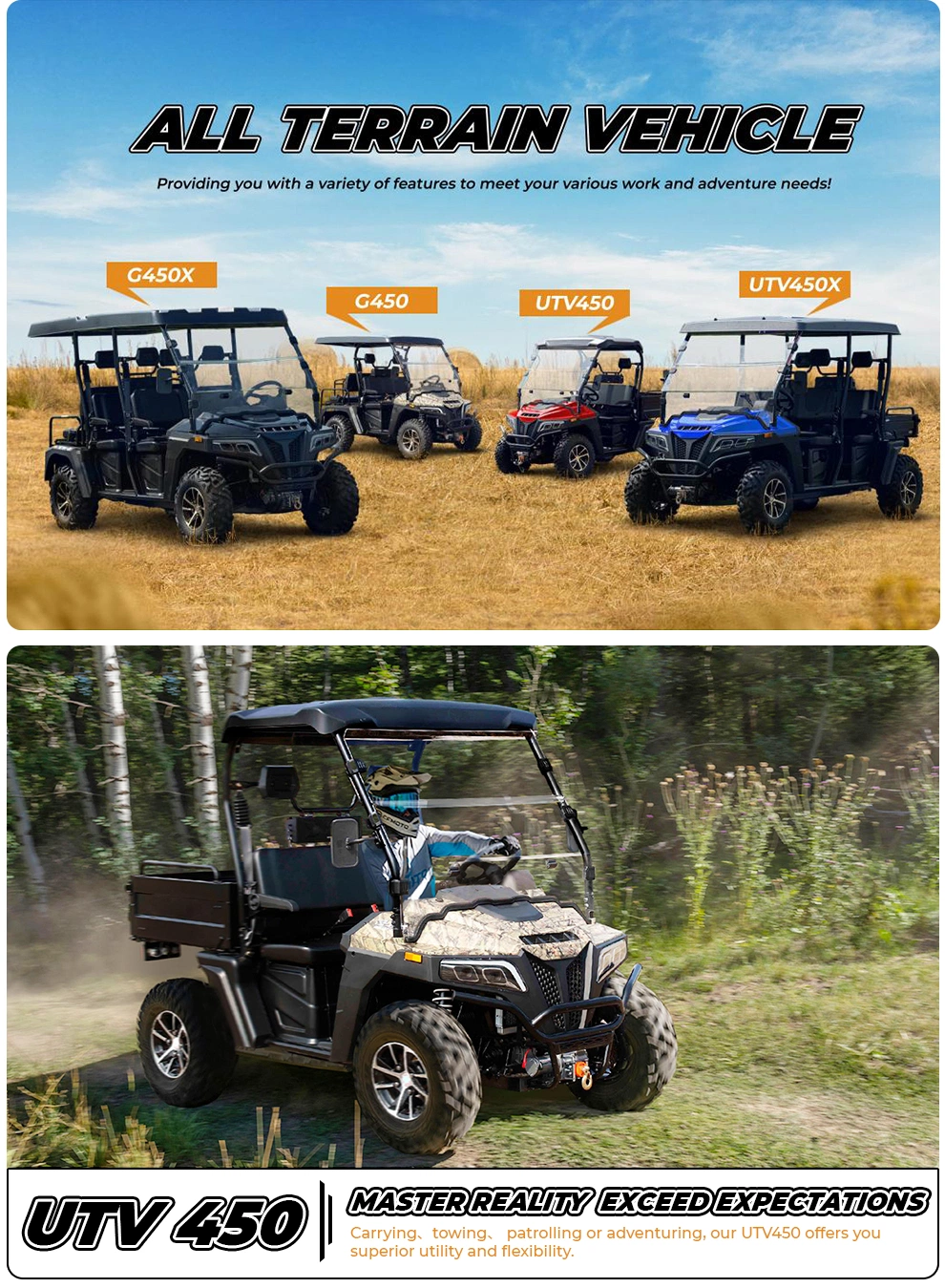 2024 New Gasoline 400cc 500cc Utility Vehicle 800cc 1000cc 4 Seater Farm Off-road 4X4 UTV for Adults