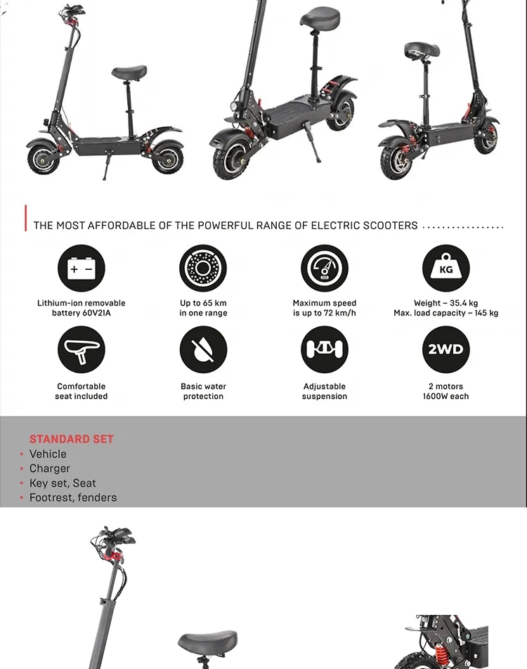 High-Power Dual-Motor 60V2000W Fast off-Road Electric Scooter Adult Foldable Substitute Vehicle with Lithium Battery