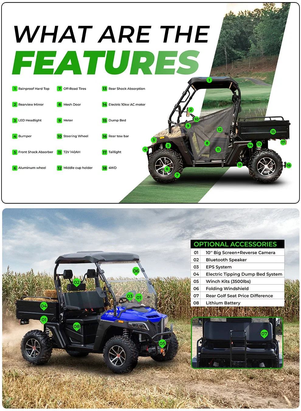 Popular 10KW 72V All Terrain Off Road 4X4 Electric ATV/UTV