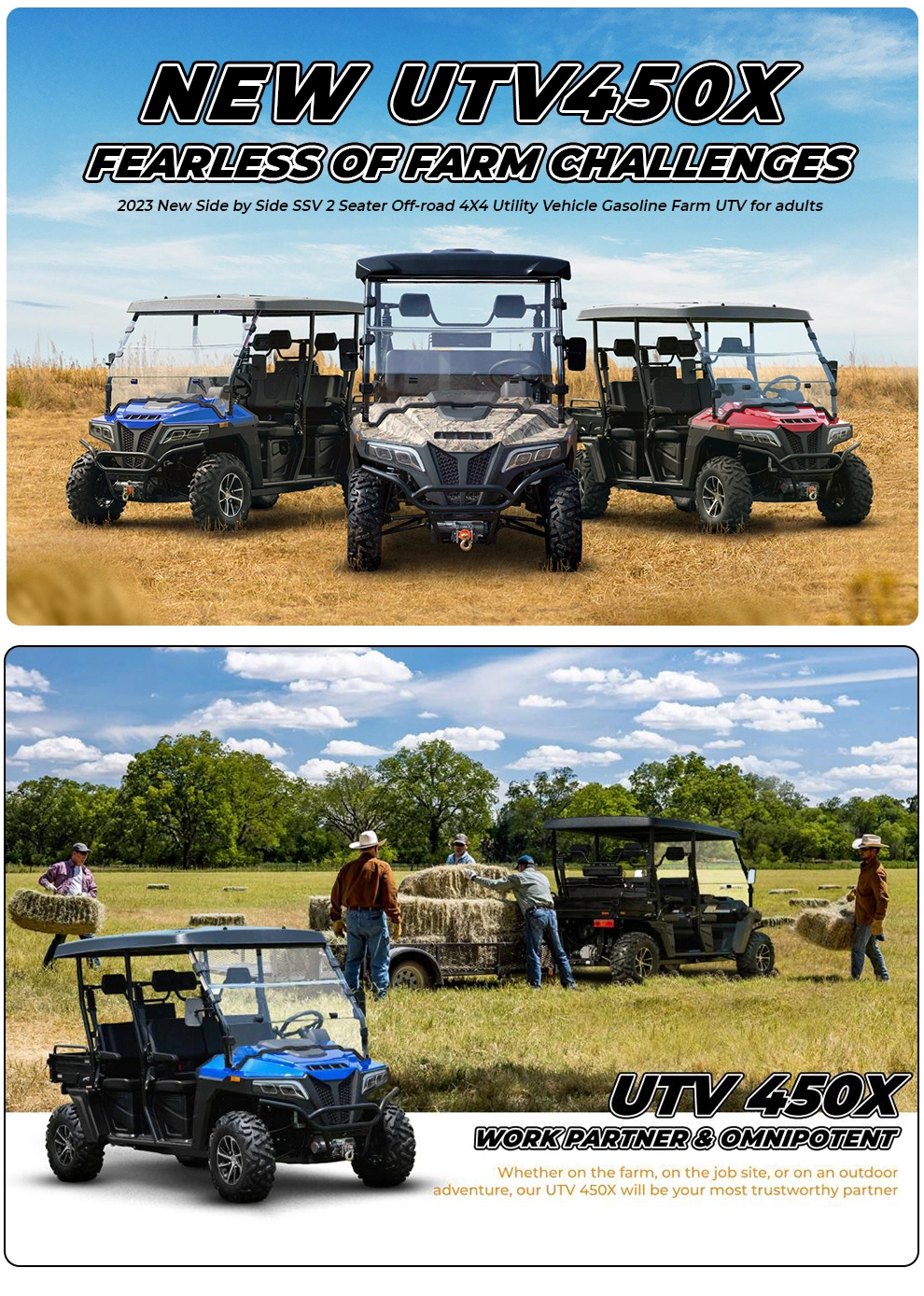 2024 New Gasoline 400cc 500cc Utility Vehicle 800cc 1000cc 4 Seater Farm Off-road 4X4 UTV for Adults