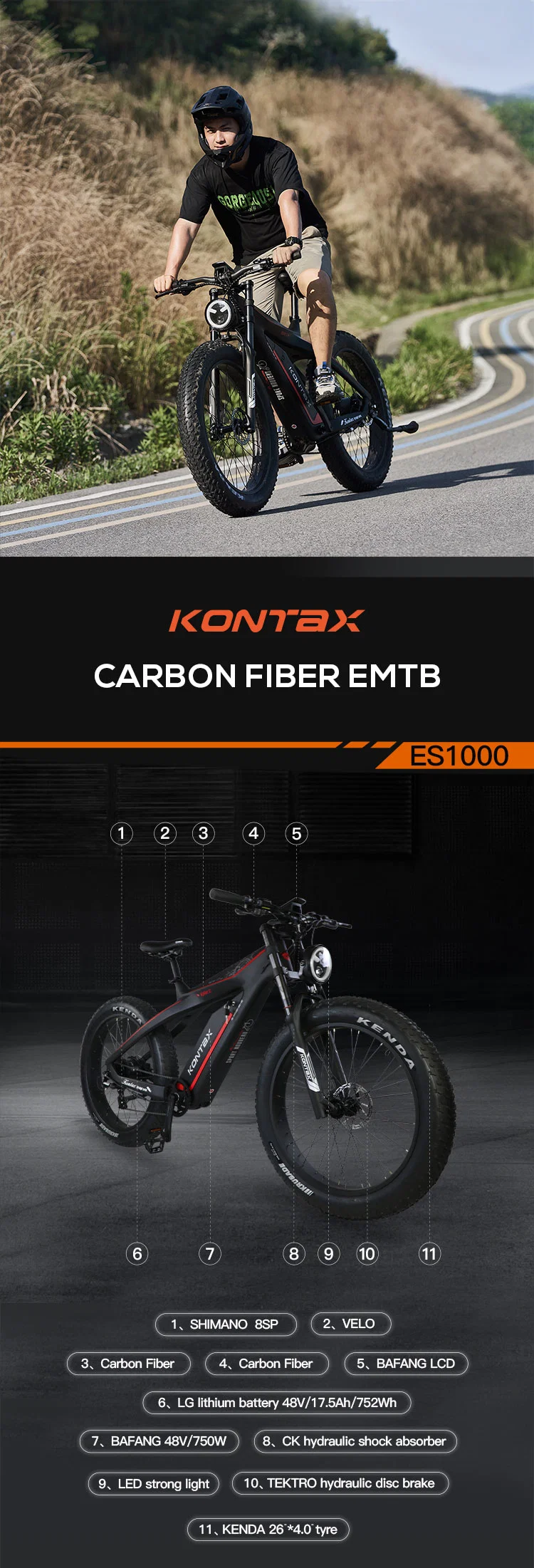 Kontax USA Warehouse Carbon Fiber 750W/1000W 26inch High-Speed Fat Tire Electric Mountain Bike Popular Man Beach Cruiser Bicycle
