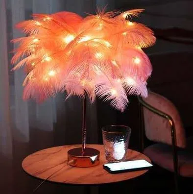 Artificial Feather Table Lamp Feather Shade Children Beside Bed Lamp