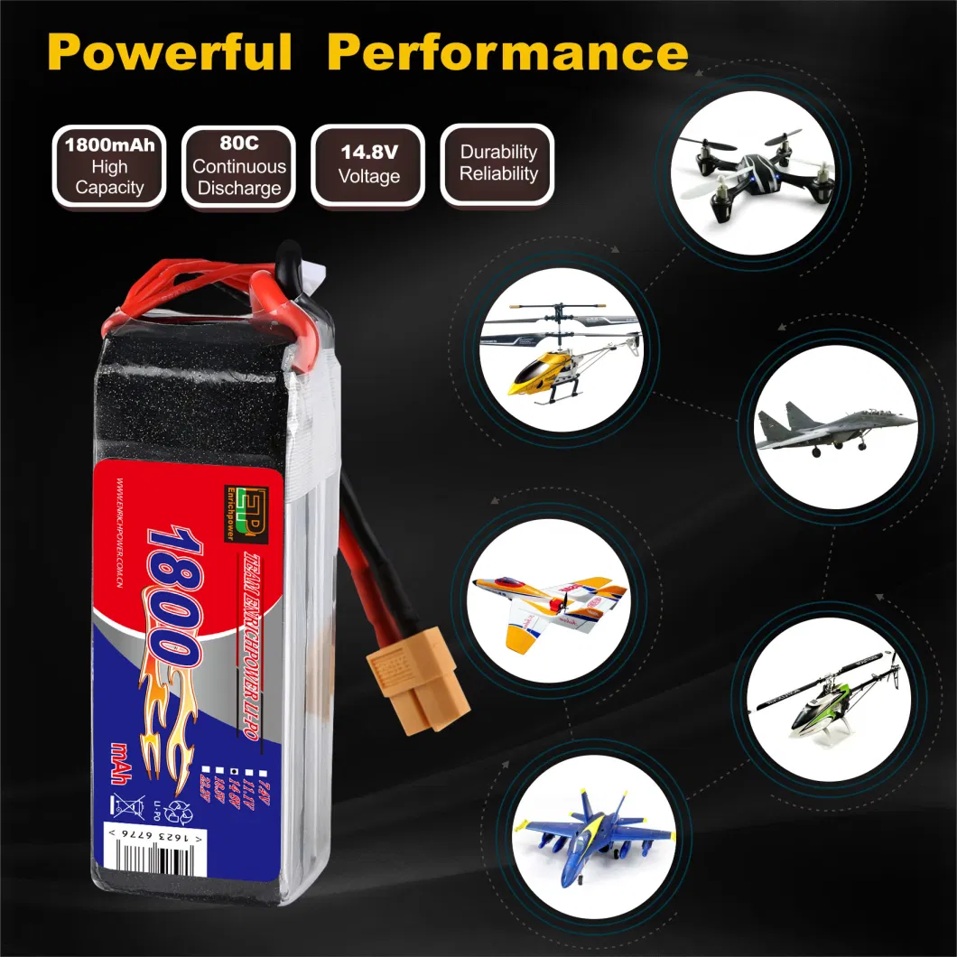 High Discharge 4s 14.8V 1800mAh 80c Lipo Battery for RC Heli Quad Aircraft Car Boat Fpv