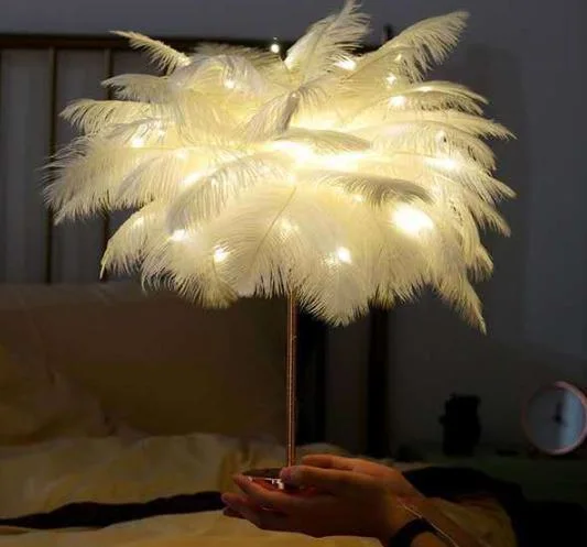 Artificial Feather Table Lamp Feather Shade Children Beside Bed Lamp