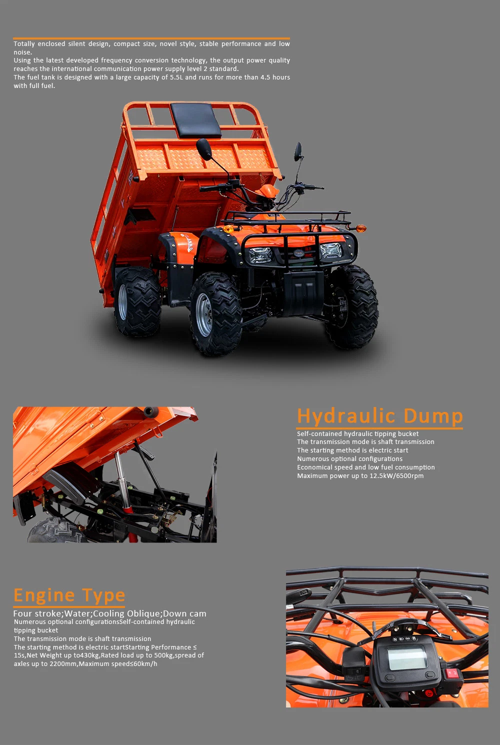 Wheelbase 2000mm Min. Ground Clearance 170mm 275cc ATV Manual 4X4 UTV Side by