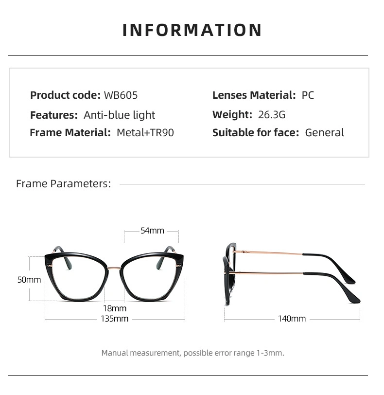 Fcwb605 New Anti-Blue Glasses Tr90 Cat-Eye Frame Flat Mirror Metal Spring Leg Ins Trend Frame Femalef