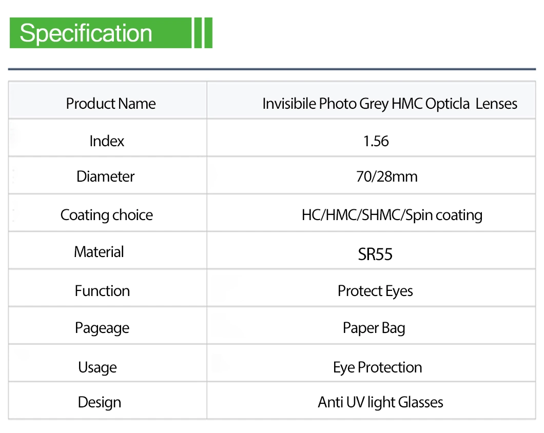 1.56 Bifocal Blended Invisible Photochromic Grey Hmc Optical Lenses