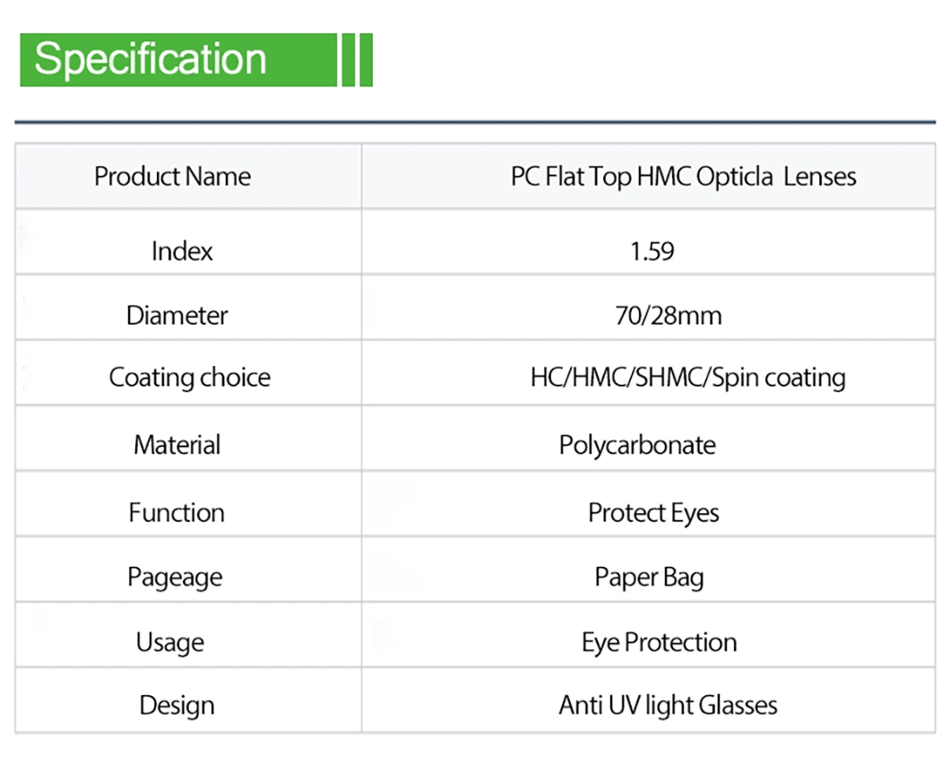 Index 1.59 Polycarbonate Flat Top Optical Hmc EMI Optical Lenses