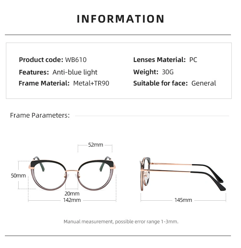 Cross-Border New Tr90 Anti-Blue Light Glasses Frame European and American Spring-Leg Glasses Wb610 Two-Color Frame Can Be Equipped with Myopia