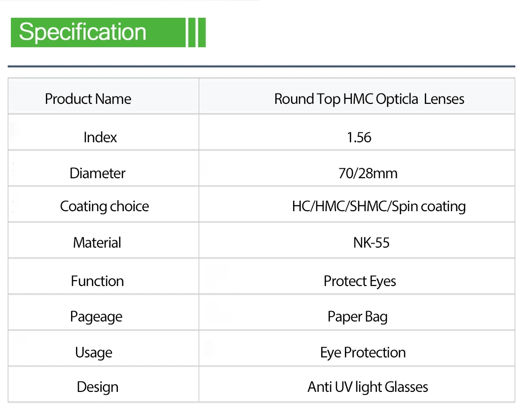 Spectacles Lens Middle Index 1.56 Bifocal Round Top Hmc Eyeglasses Optical Lenses