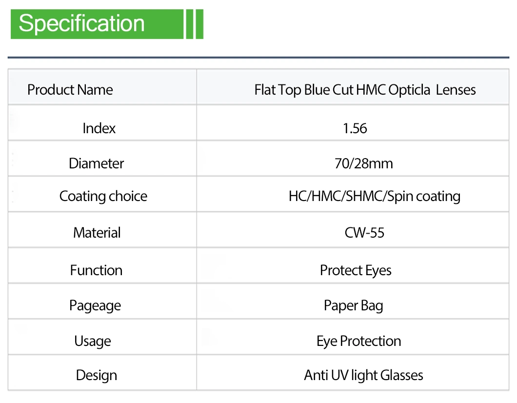 Middle Index 1.56 Bifocal Flat Top Blue Cut Hmc Eyeglasses Plastic Lenses