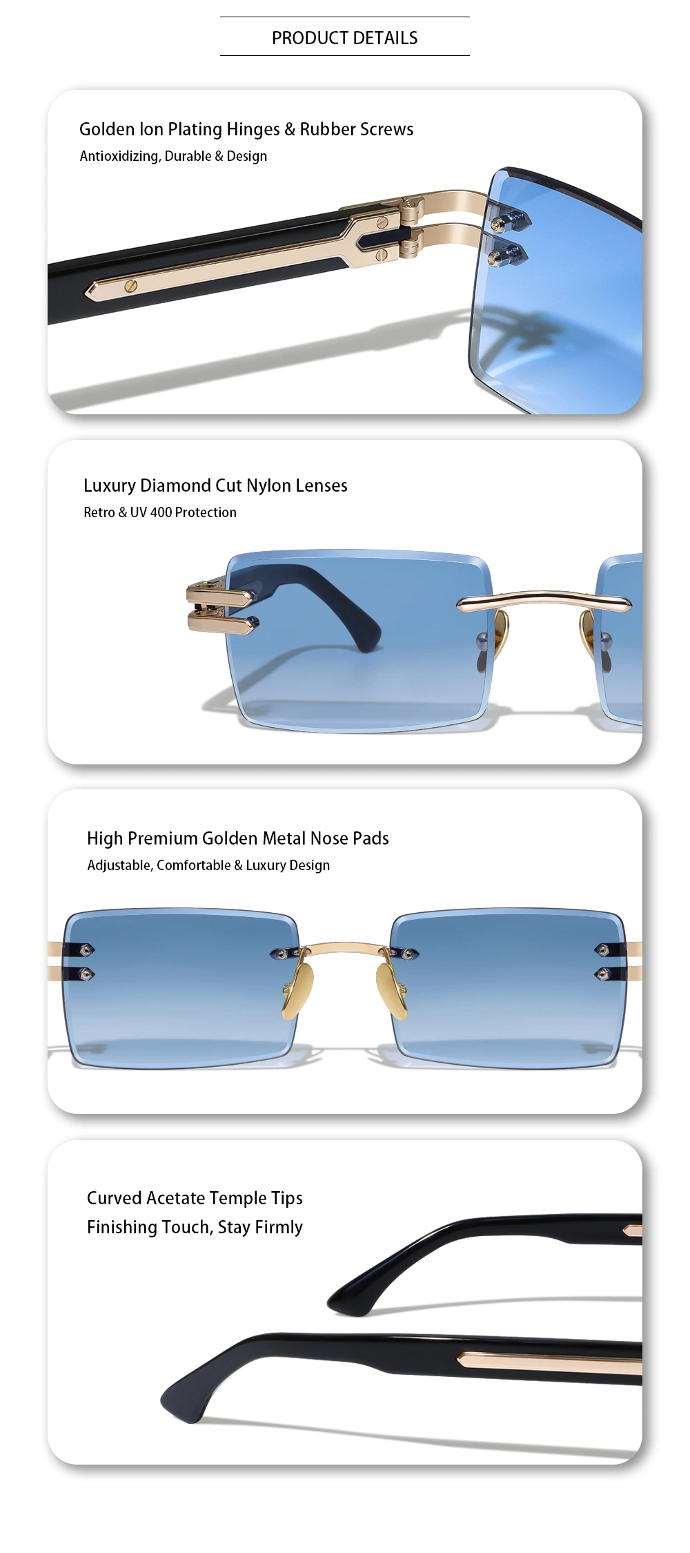 Yeetian Luxury Diamond Cut Blue Nylon Lens Small Rectangle Frameless Spectacle Men Women