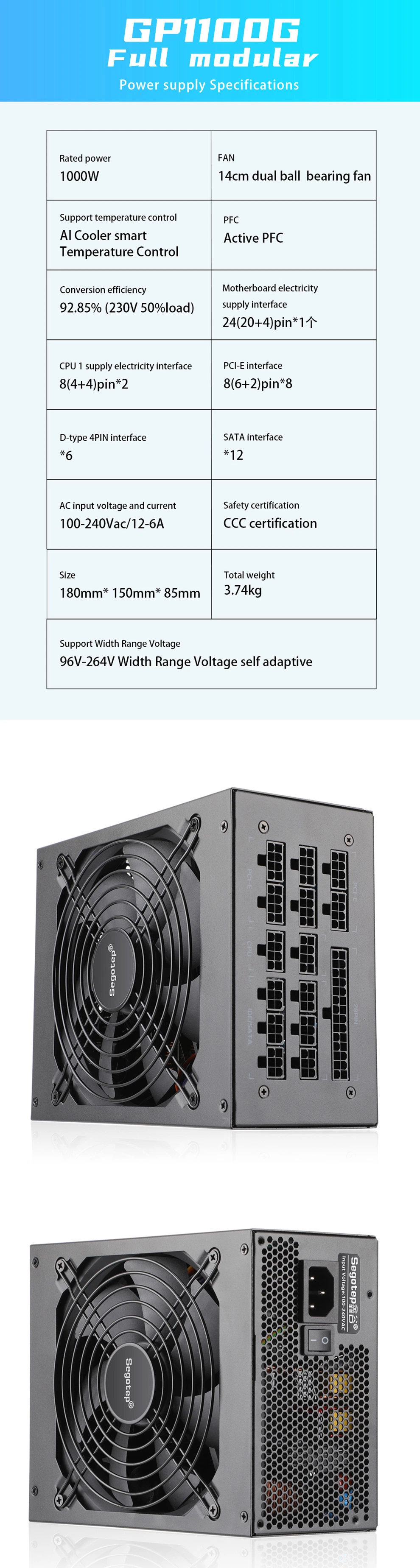 Mining Cryptocurrency Bitcoin Switching ATX 1000W Power Supply Suitable for Asic Chip Miner