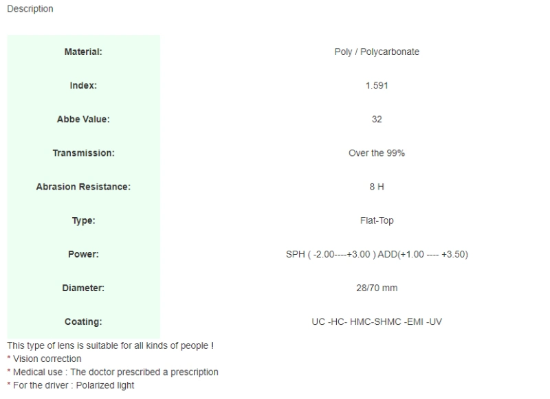 1.591 Polycarbonate Round Top Bifocal Pgx Opitcal Lens