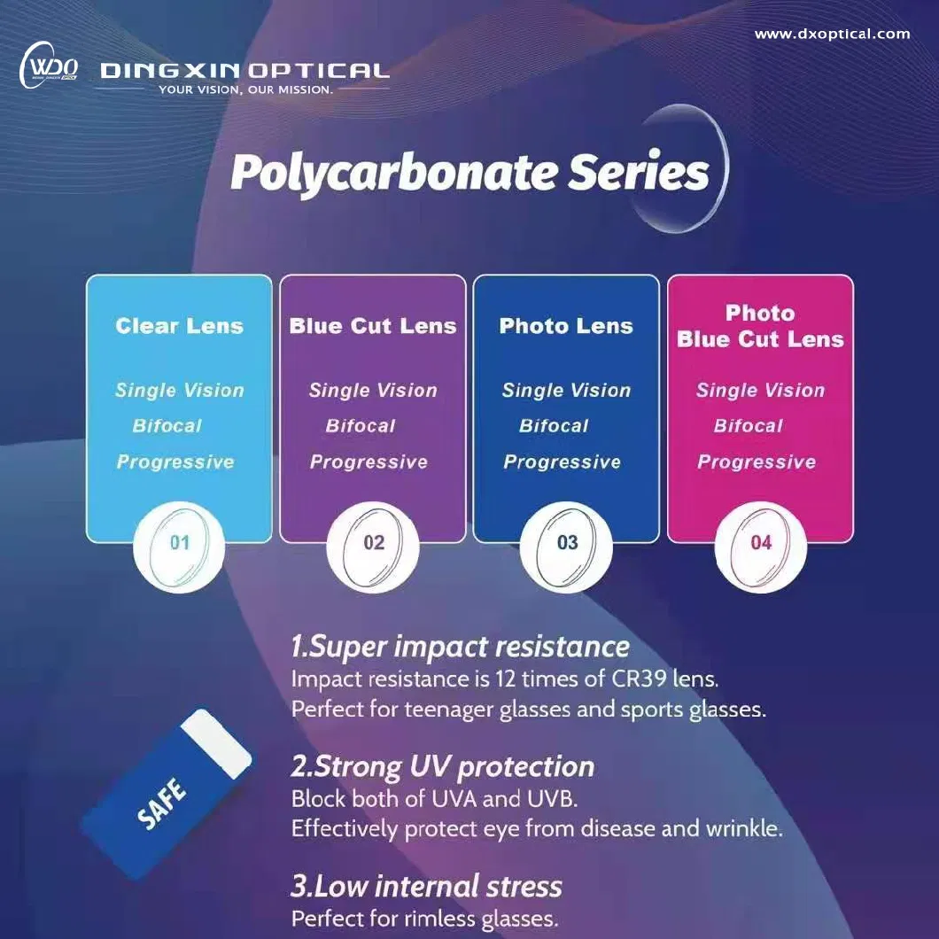 Finished PC 1.59 Polycarbonate Single Vision Pgx Photochromic Photogrey Photobrown UV420 Blue Cut Blue Coating Hard Coated Hmc Optical Lens
