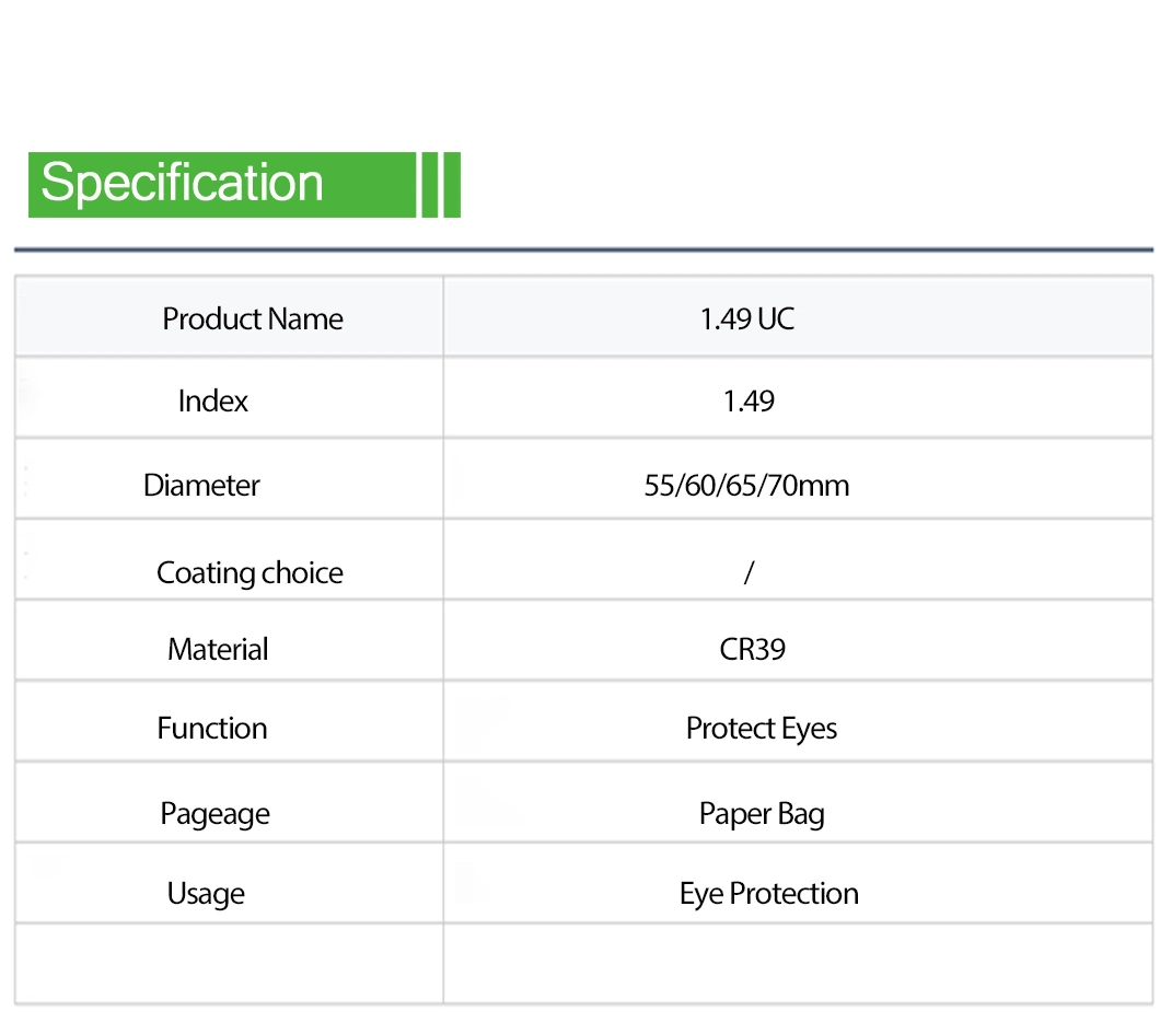 70mm UC Cr39 1.499 Single Vision Optical Lens