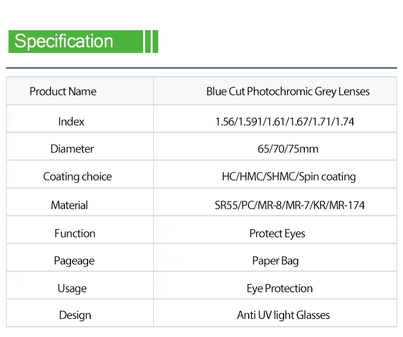 1.591 Polycarbonate PC Spin Coating Photochromic Grey Blue Block Optical Lenses