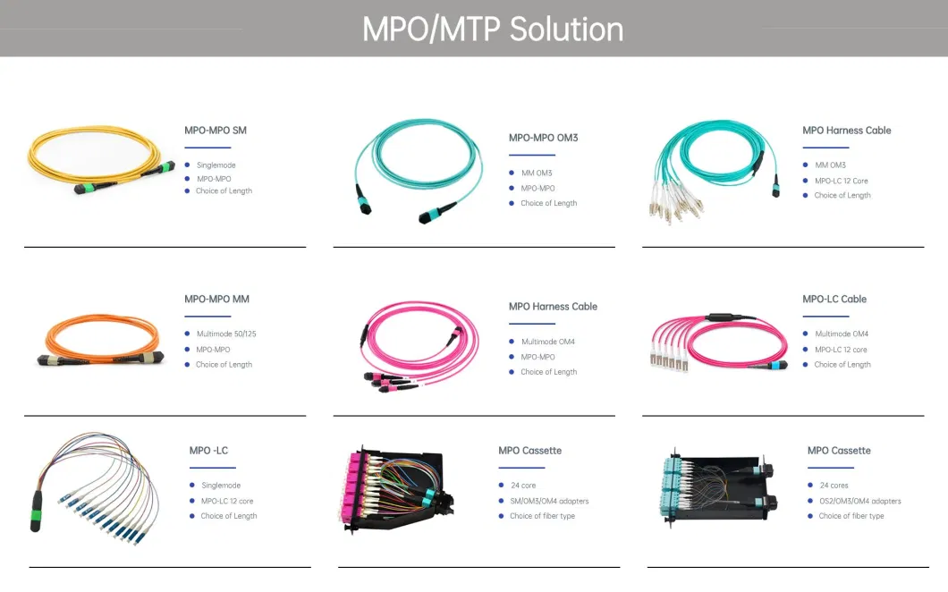 MPO-MPO Trunk Patch Cords 12 Strands Female/Female Type B LSZH Om3 50/125 Multimode Indoor Optical Fiber Cable Compatible