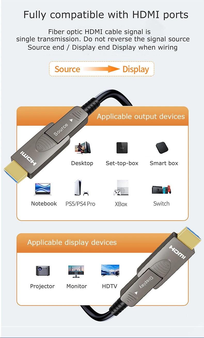 HDMI Male to HDMI Male 4K 60Hz Active Aoc HDMI Fiber Optical Cable Type a to Type D