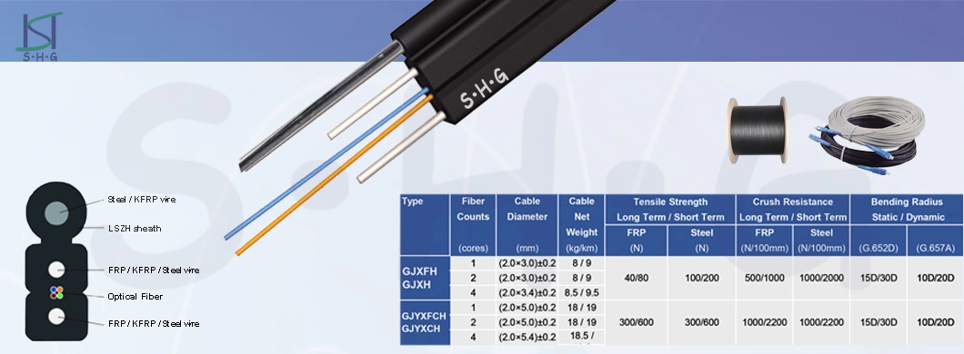 Factory Price LSZH FRP/Steel Optical 1/2/4 Core Flat FTTH Indoor/Outdoor Drop Fiber Optic Cable