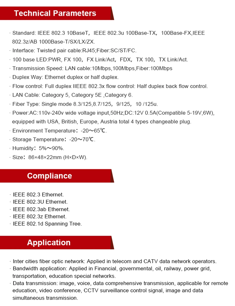 Fiber Media Converter 10/100/1000m Single Mode/Multimode