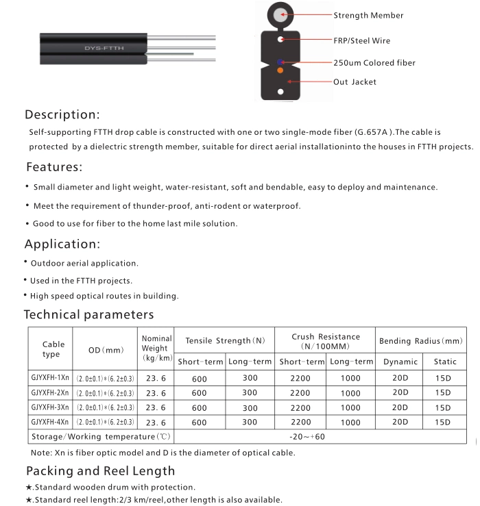 1, 2, 4 Core Singlemode G657A1 G657A2 FTTH Fiber Optic Flat Drop Cable