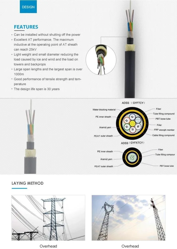 100/120m Span 4 6 8 12 24 48 72 96 Hilos/Core/F/Fo Fiber Optic Cable Manufacturers, Duct Signal Armored Fibra Optica ADSS Cable