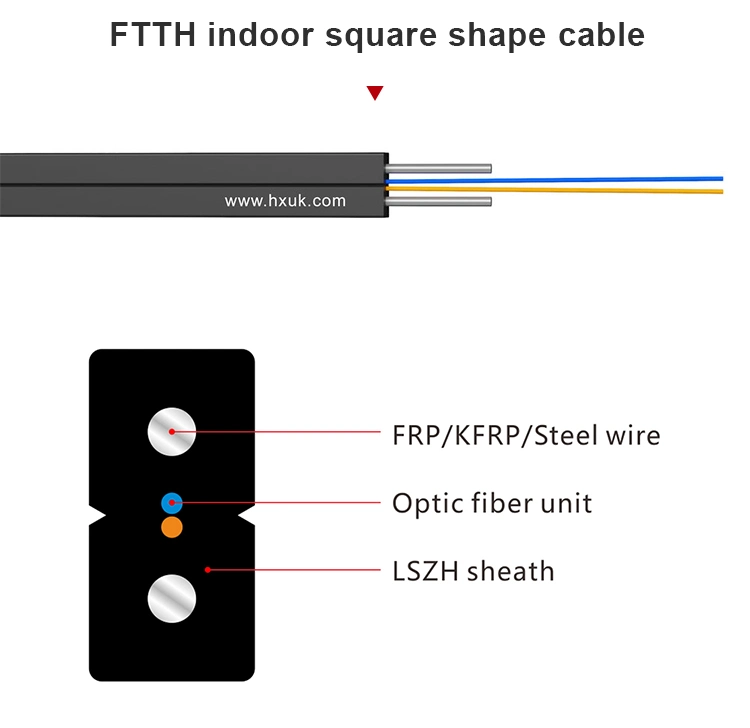 China Hanxin Supplier 1 2 4 Core Indoor Use FTTH Drop Fiber Optical Cable Fibra Communication Galvanized Steel /FRP/Kfrp