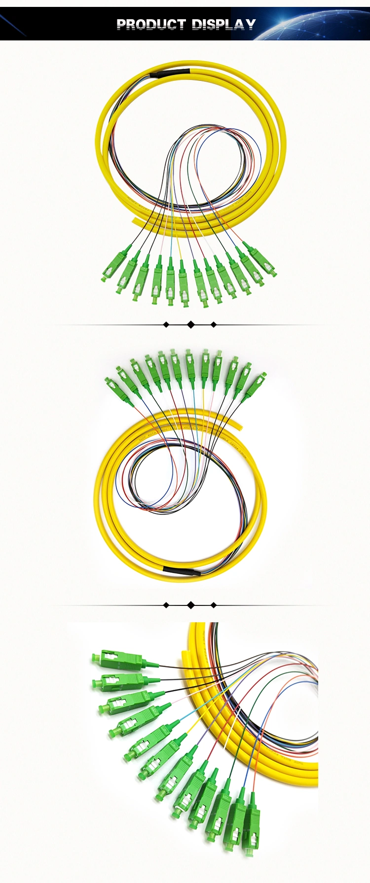 Factory Supply 12 Color 0.9mm Sm mm Sc/LC/FC/E2000 Fiber Optic Bunchy Ribbon Pigtail