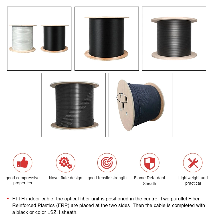 China Hanxin Supplier 1 2 4 Core Indoor Use FTTH Drop Fiber Optical Cable Fibra Communication Galvanized Steel /FRP/Kfrp