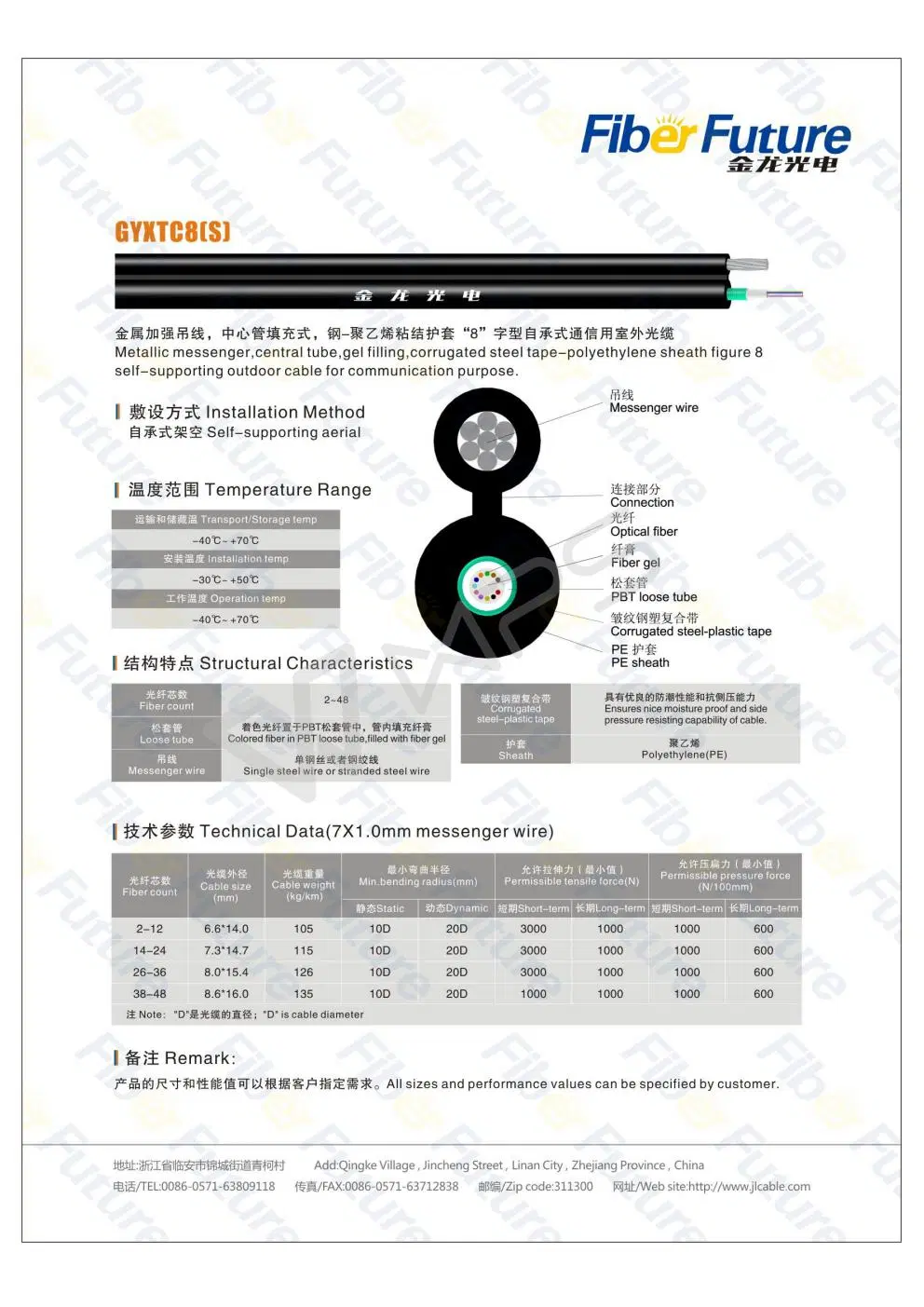 Self-Supporting Gyxtc8s Aerial &amp; Underground Fiber Optic Cable