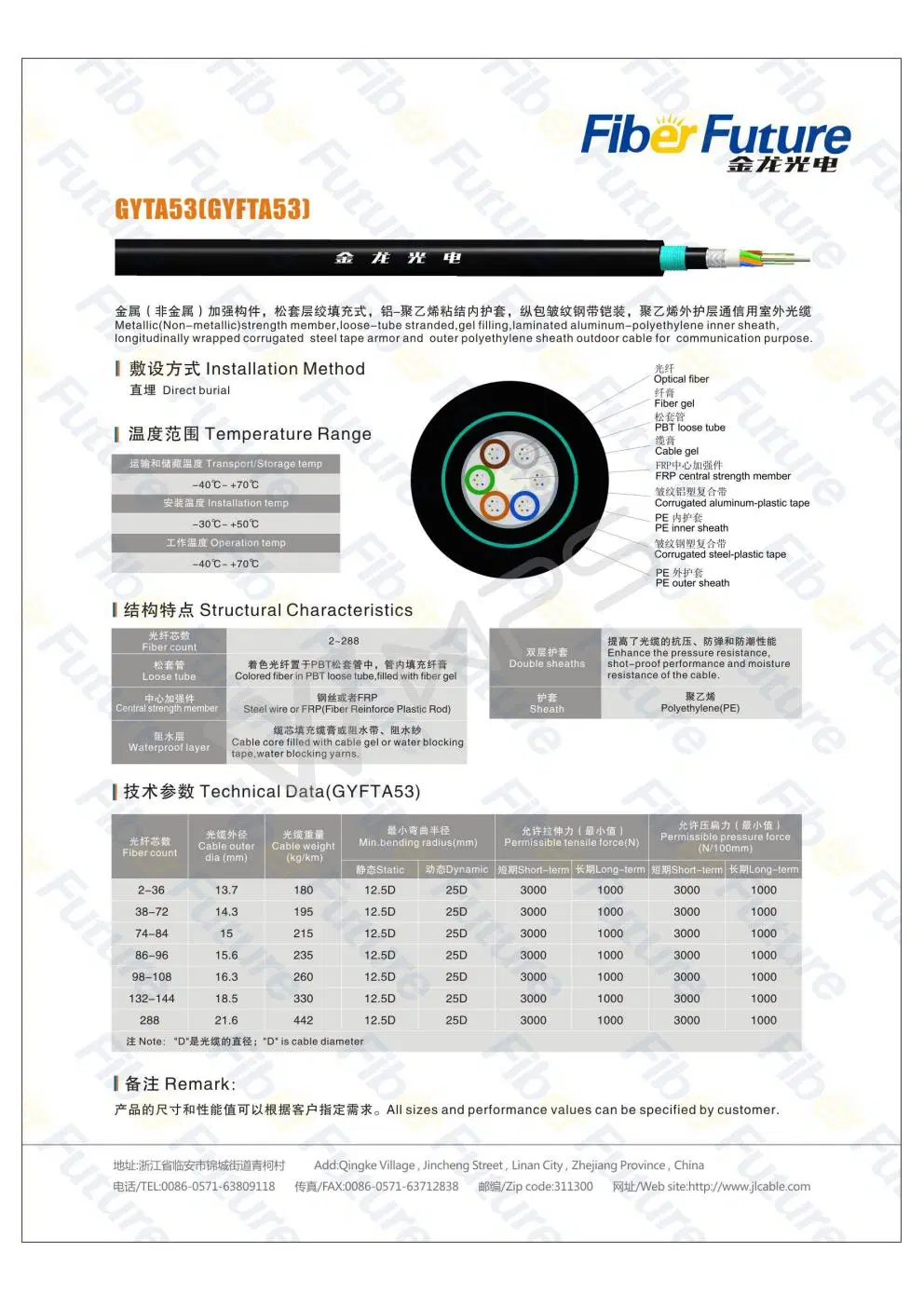 GYTA53-8cores Direct Burial Double Sheath Single Mode G652D Fiber Optic Cable