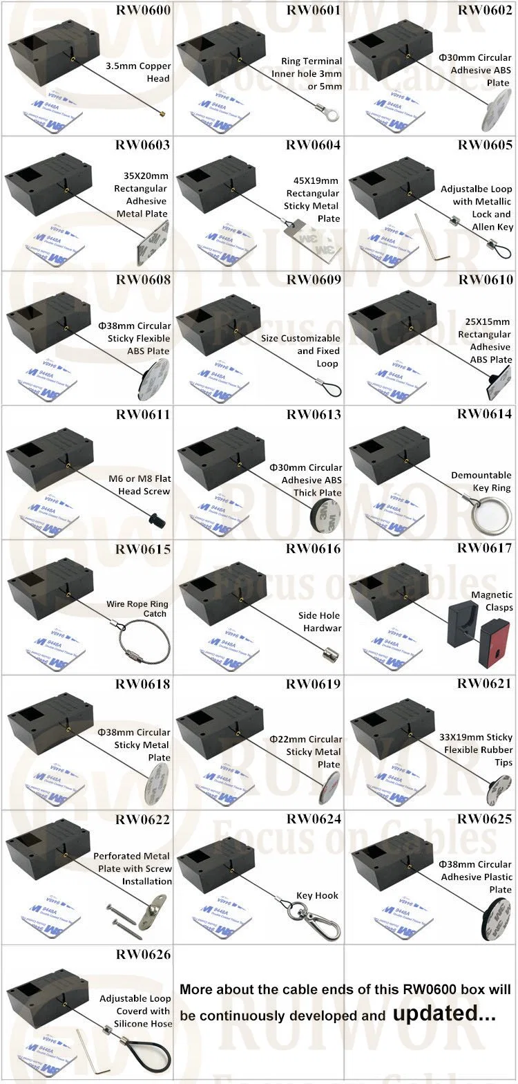 RW0600 Cuboid Ratcheting Retractable Cable Plus Stop Function Worked Cord End for Retail Product Advertising Display