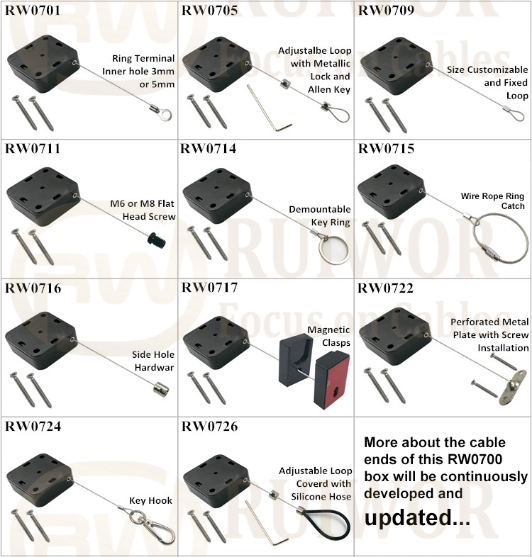 RW0714 Square Retractable Cable Plus with Demountable Key Ring for Retail Positioning Advertising Display