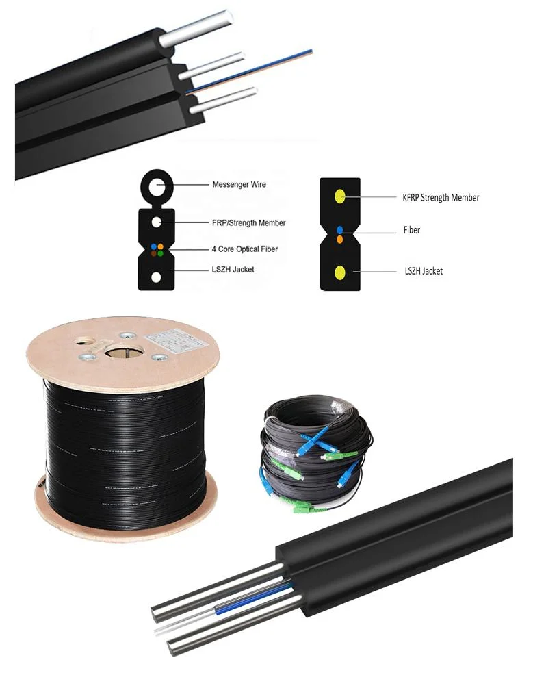 Factory Price Outdoor/Indoor 1/2/4/8/12 Cores Self-Support LSZH Singlemode G652D/G657A FRP/Kfrp Fiber Optic Flat FTTH Drop Cable