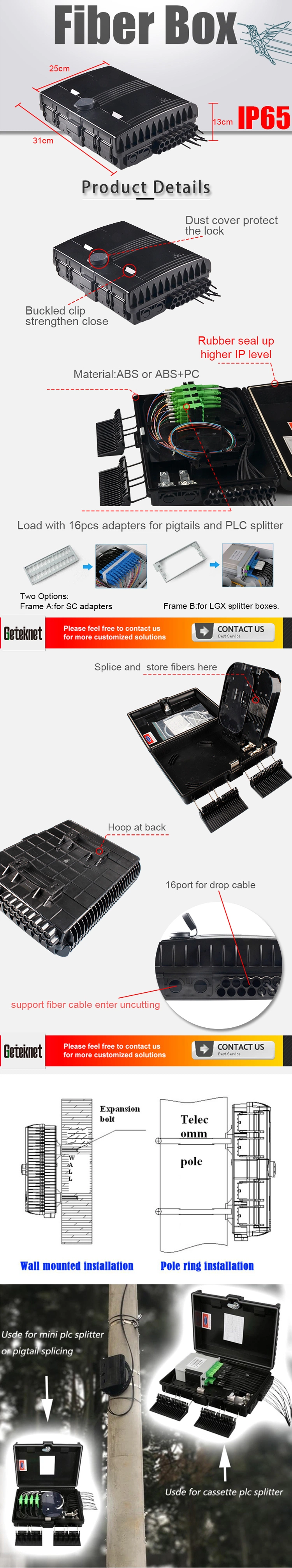 Gcabling Outdoor Fiber Splice Box 16c Fiber Box Wall Mount Fiber Box Price FTTH Box