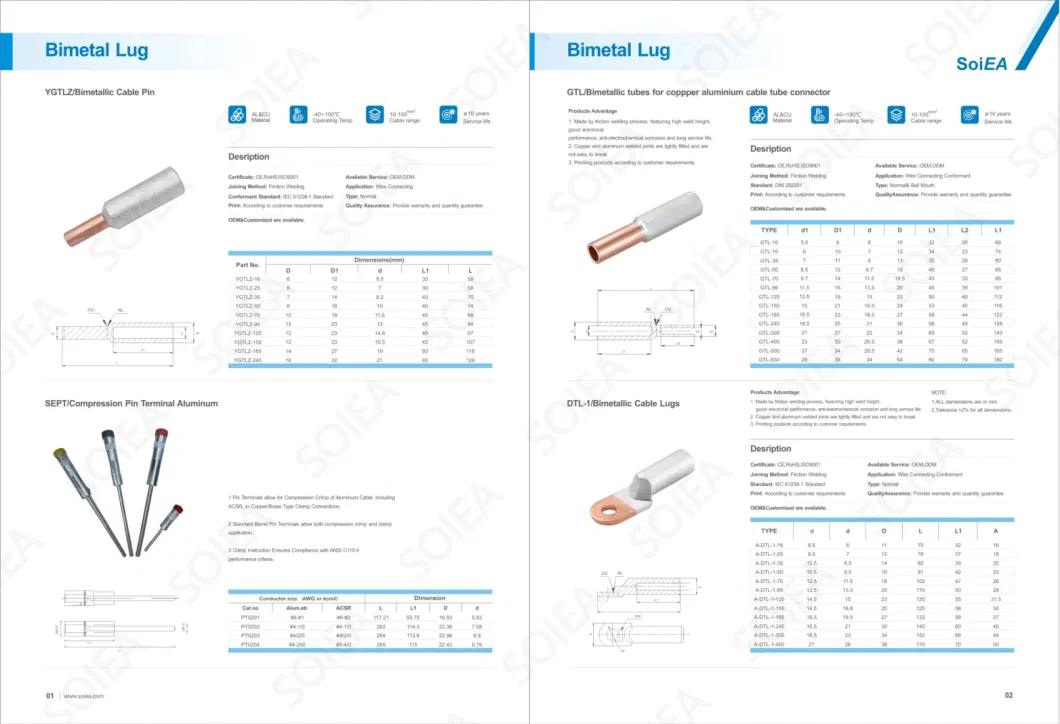 Gtl 16-630mm2 Bimetallic Connection Tube and Friction Welded Bimetallic Cable Connector