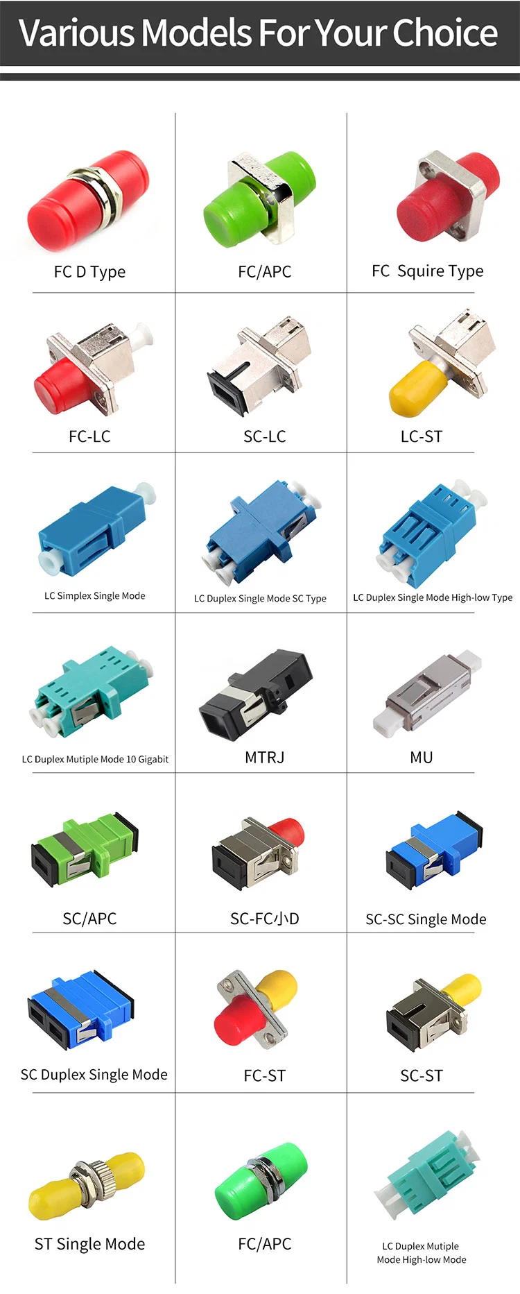 Sc/LC/FC/St/Mu/MTRJ/MPO Fj11 RJ45 Simplex/Duplex/Quad Standard Hybrid Optical Connector Fiber Optic Adapter