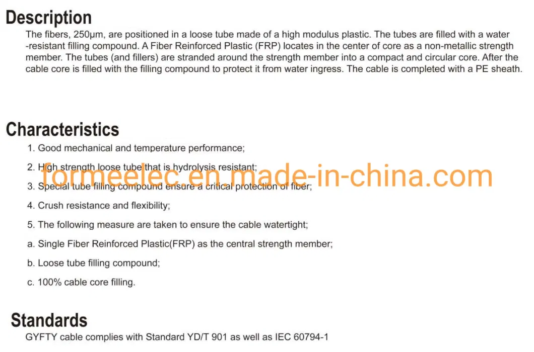 Stranded Non-Metallic Non-Armored Optical Cable 4 Core Optical Fiber GYFTY Anti-Lightning Aerial