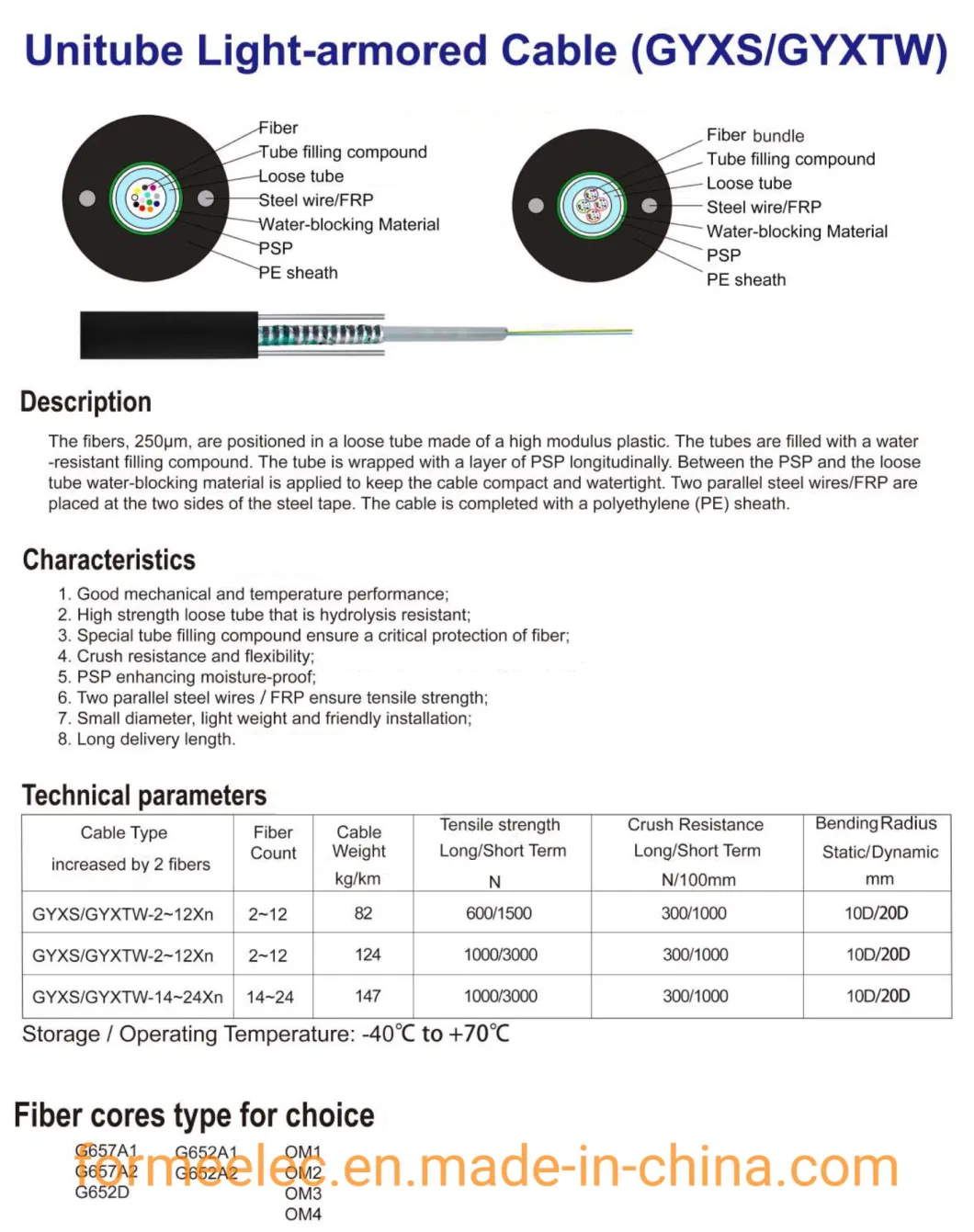 Outdoor Central Tube Light-Armored Cable Optic Fiber GYXTW 12 Core Optical Fiber Cable